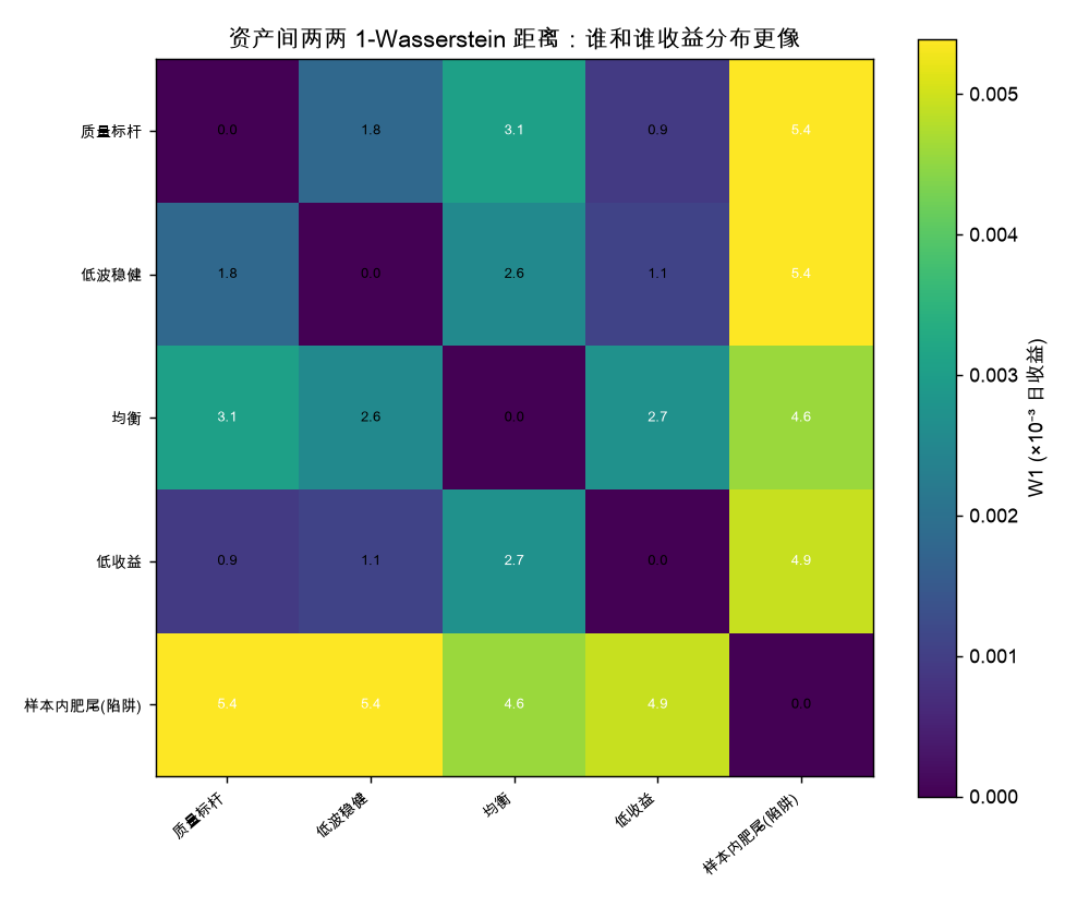 资产间两两 1-Wasserstein 距离:谁和谁收益分布更像