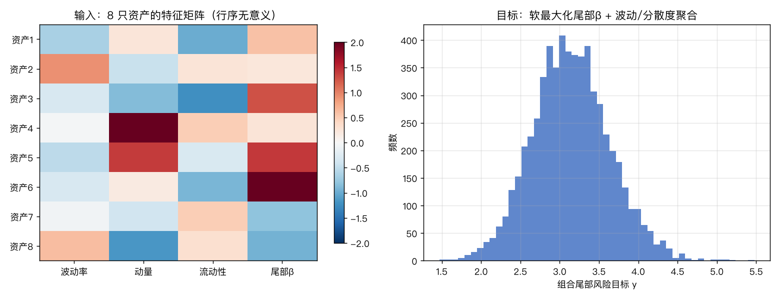任务设定：8 只资产的无序特征矩阵，预测组合尾部风险