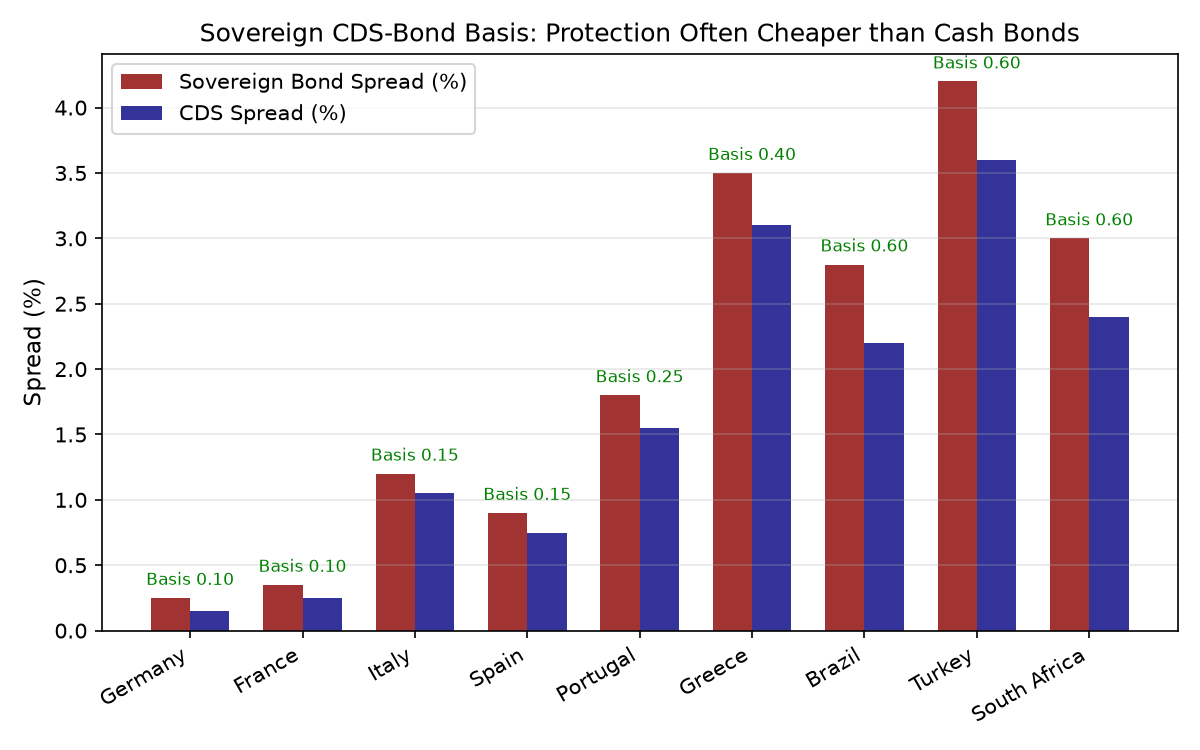 主权 CDS 与债券利差：多数国家存在正 basis