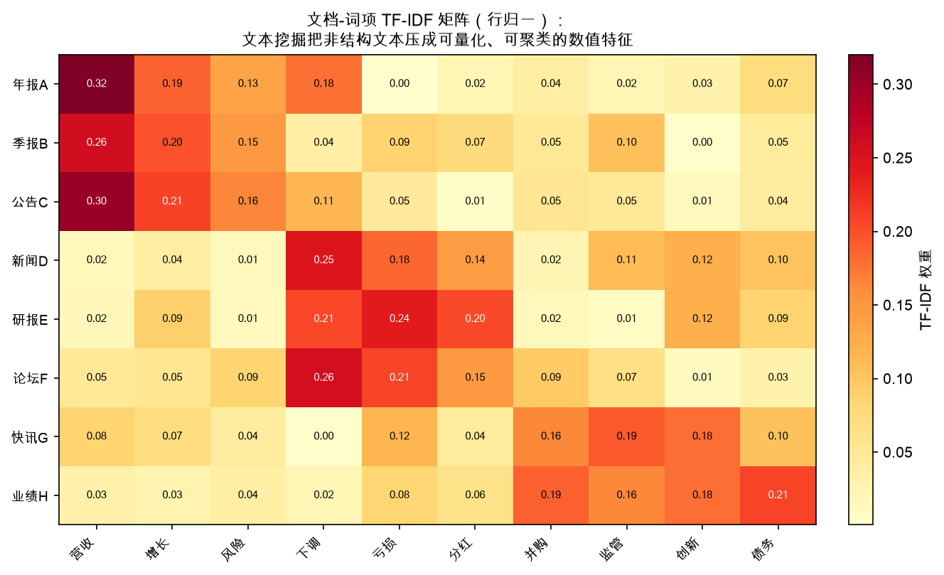 文档-词项 TF-IDF 矩阵:文本被压成可量化、可聚类的数值特征